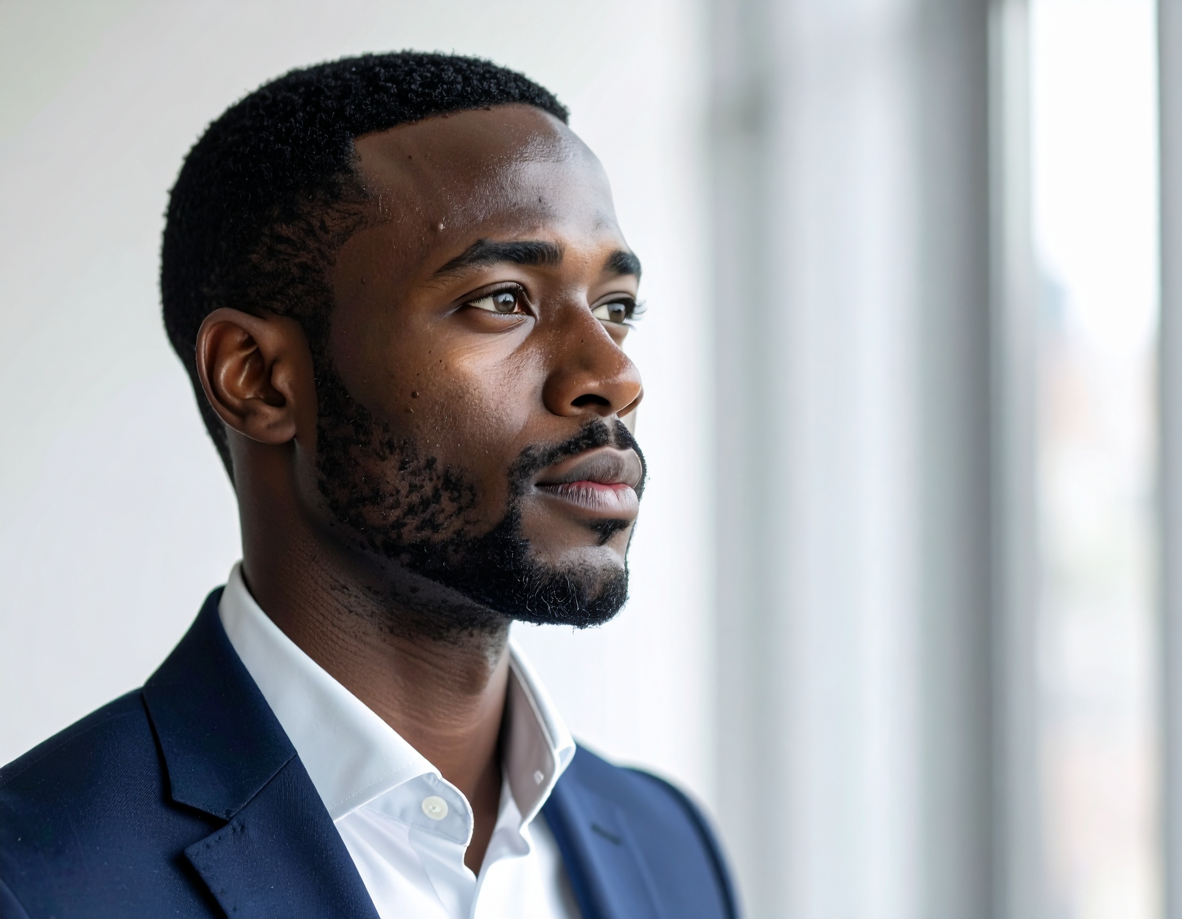 Man in Profile Looking Through a Window in a Blue Suit
